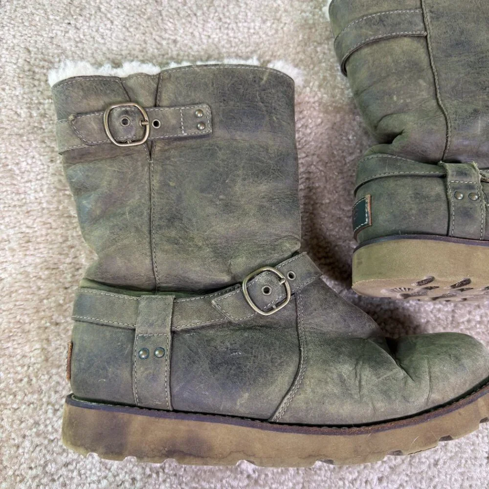 UGG Women's Size 8 NOIRA 1001733 Leather Waterproof Sheepskin Brown Biker Boots